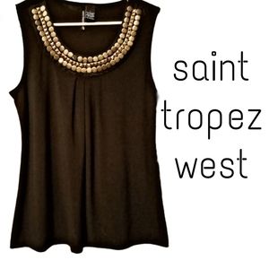 Saint Tropez West Black Sleeveless Blouse with Embellished Bronze colored Collar
